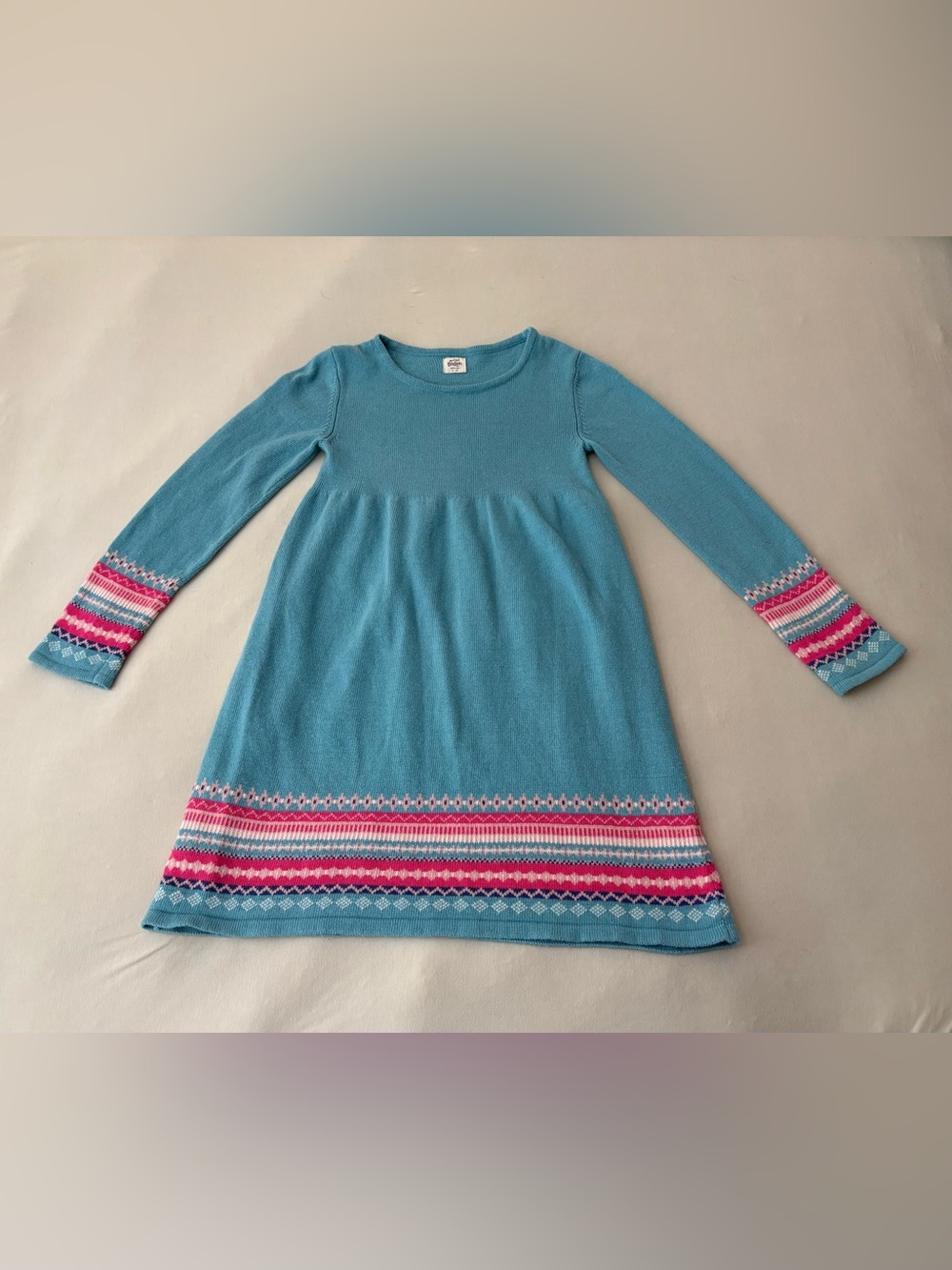 Mini Boden Girls' Aqua Knit Dress with Pink Stripe Detail